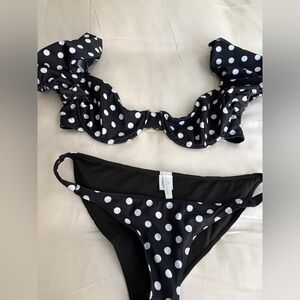 Caroline Constas Black & White Polka Dot Ruffle Bikini Set